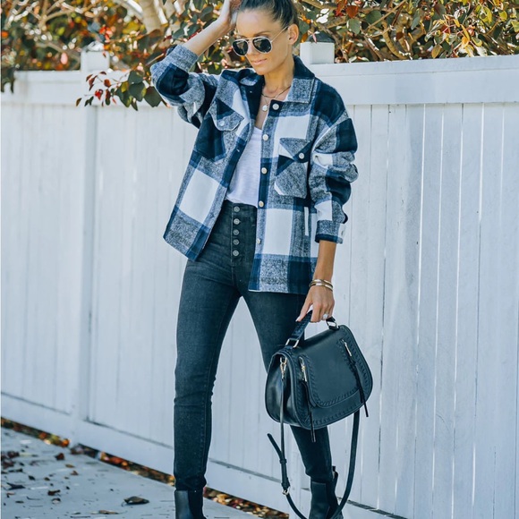 Blue and White Plaid Button-Up Jacket long sleeve shacket - Picture 4 of 7